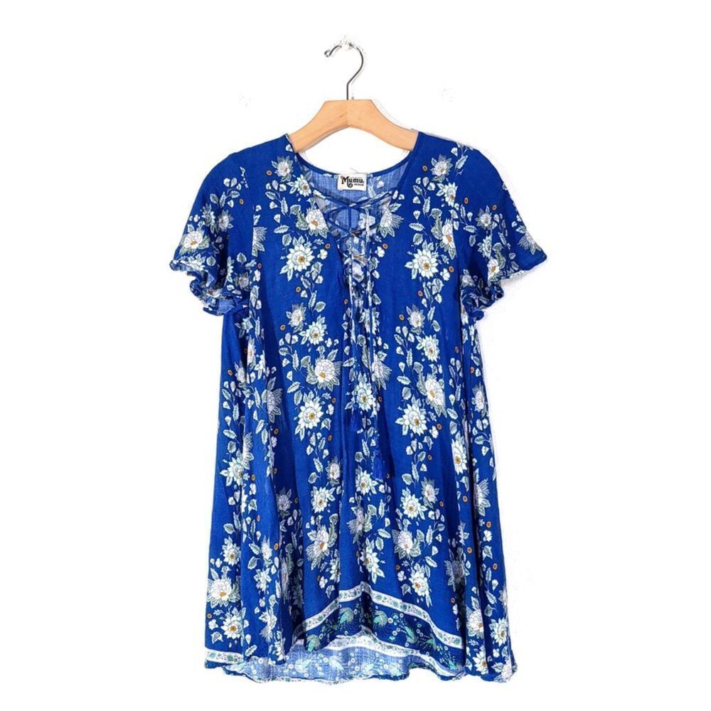 SHOW ME YOUR MUMU Rancho Vista Tunic Dress Lace Up Babydoll Mini Blue Medium